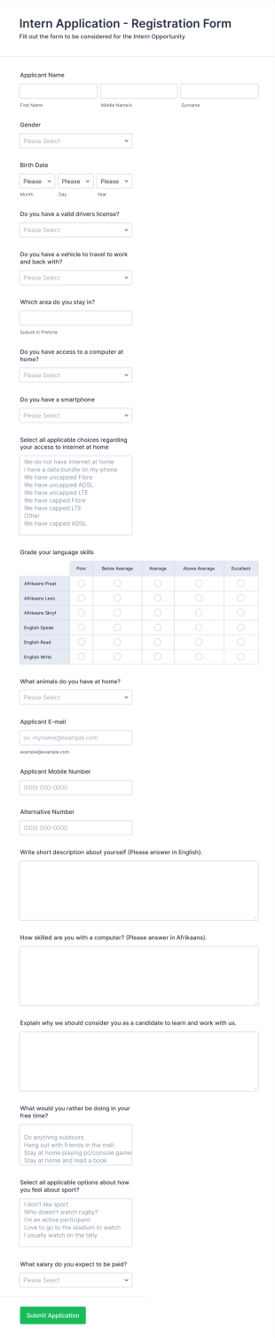 Internship Applicant Registration Form Template
