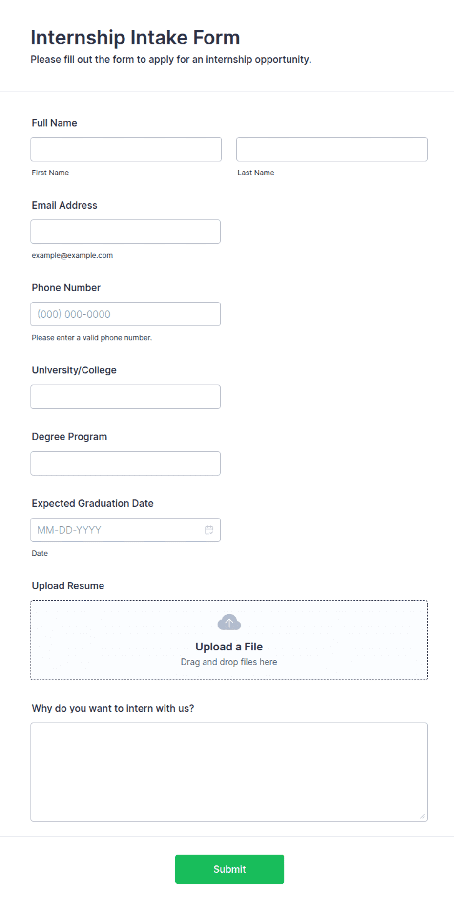Intration Form Internship Intake Form Template | Jotform