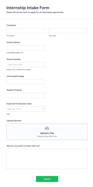 Internship Intake Form Template