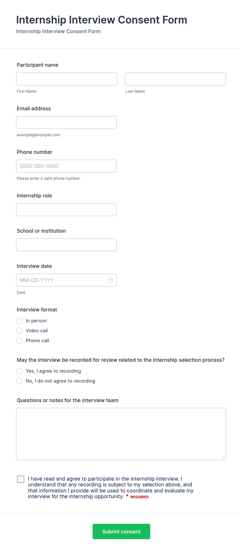 Internship Interview Consent Form Template | Jotform