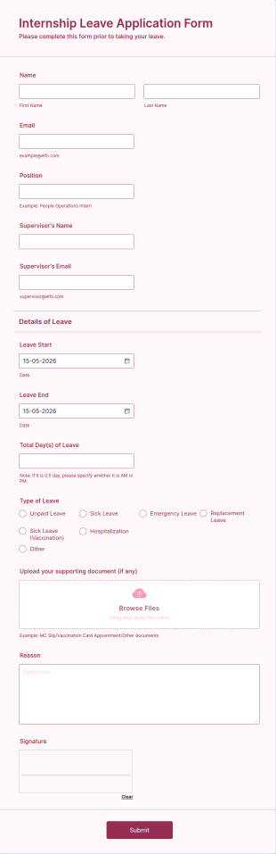 Internship Leave Application Form Template
