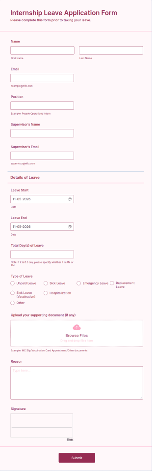 Internship Leave Application Form Template