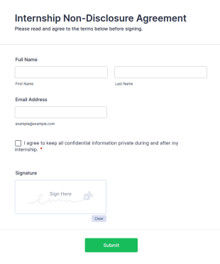 Internship Non Disclosure Agreement Form Template