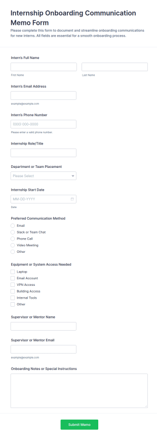 Internship Onboarding Communication Memo Form Template