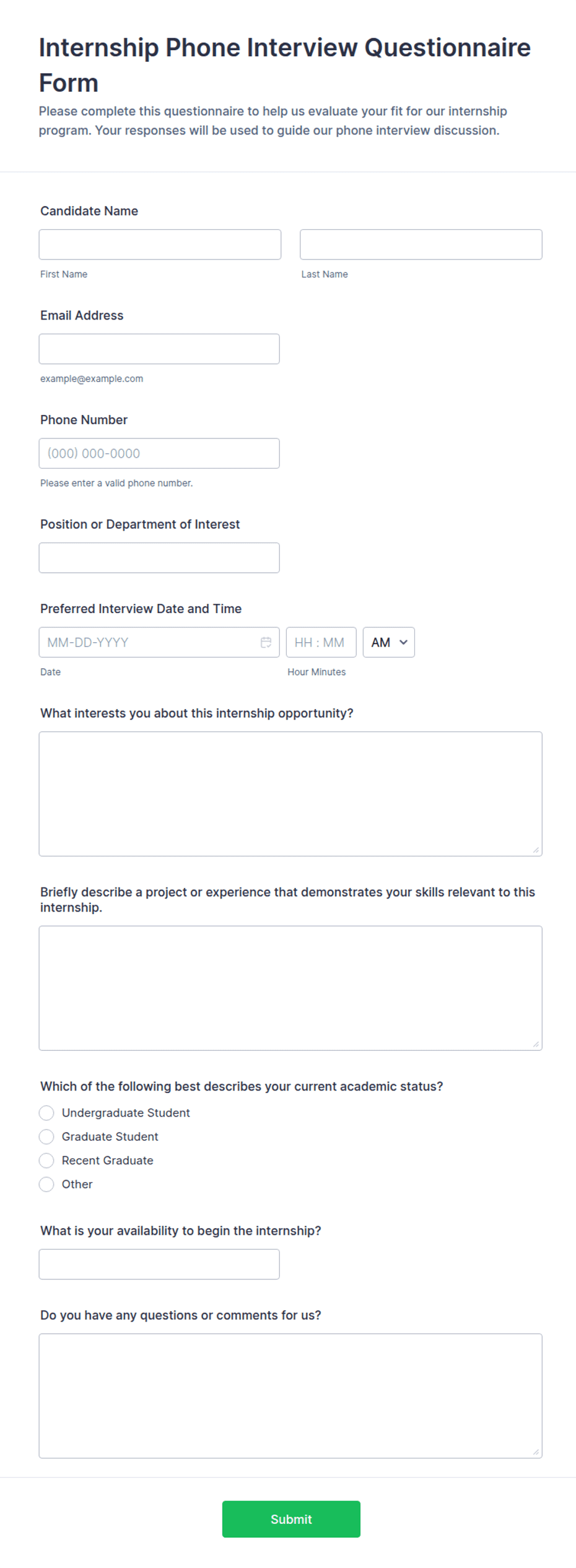 It Interview Form Internship Phone Interview Questionnaire Form Template | Jotform
