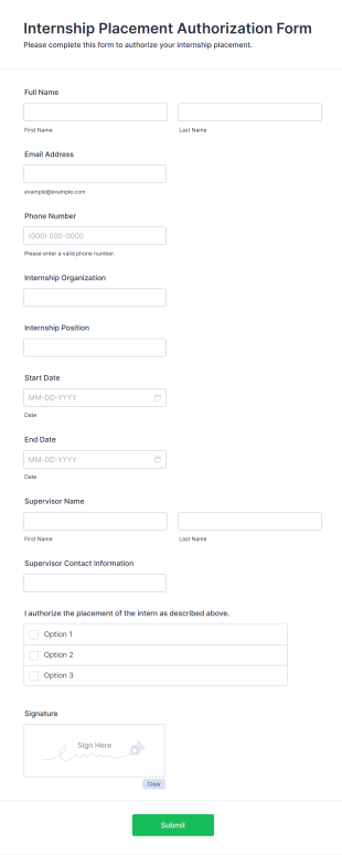 Internship Placement Authorization Form Template