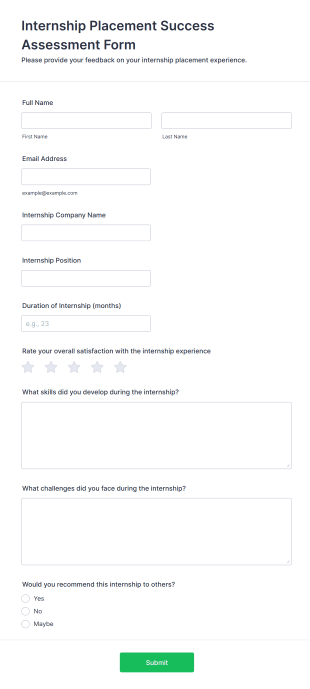 Internship Placement Success Assessment Form Template