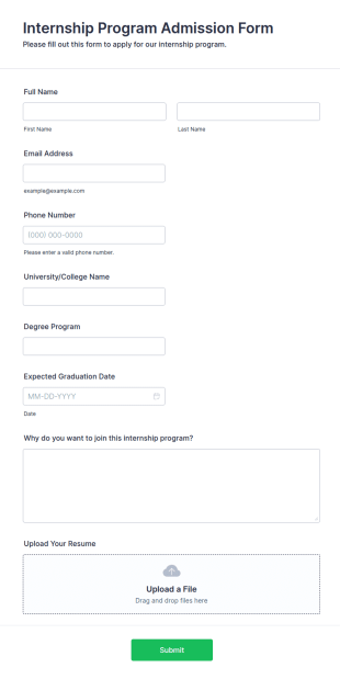 Internship Program Admission Form Template
