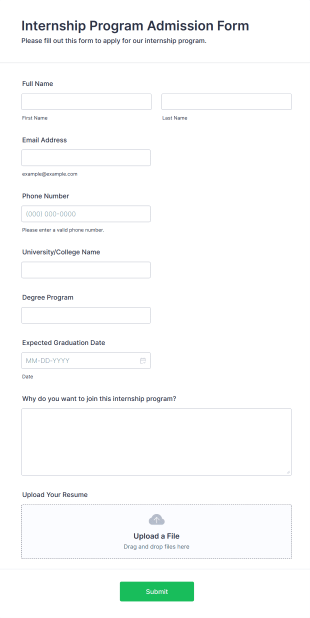 Internship Program Admission Form Template