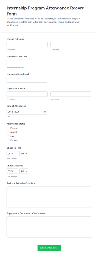 Internship Program Attendance Record Form Template