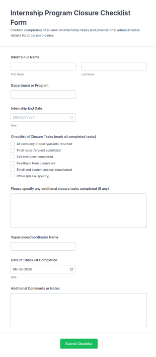 Internship Program Closure Checklist Form Template