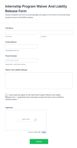 Internship Program Waiver And Liability Release Form Template
