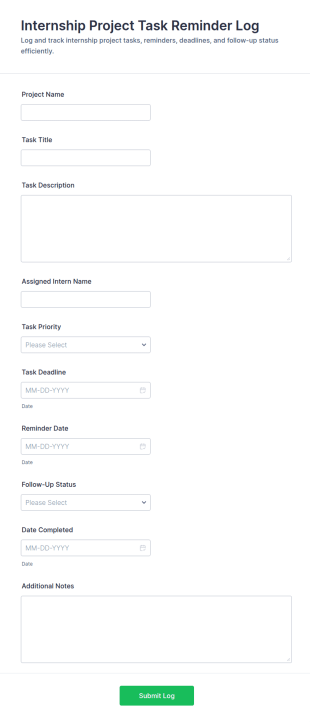Internship Project Task Reminder Log Form Template