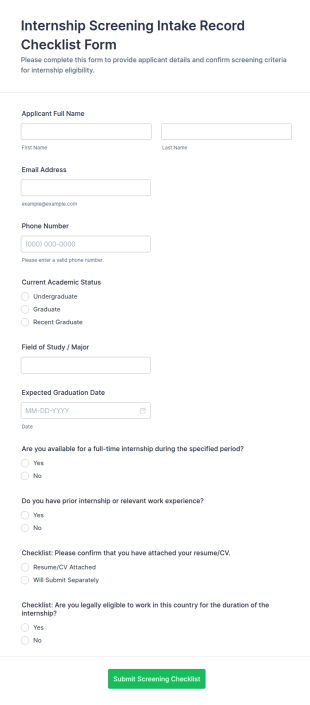 Internship Screening Intake Record Checklist Form Template