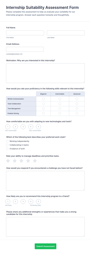 Internship Suitability Assessment Form Template