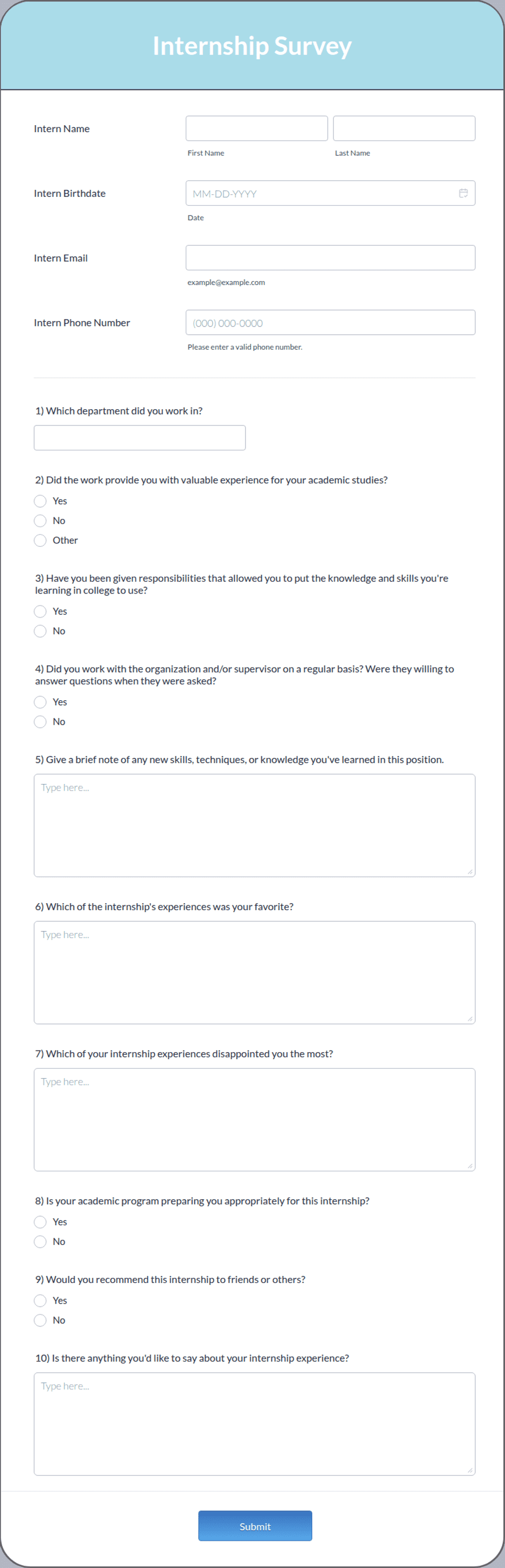 Questionnaire Internship Internship Survey Form Template | Jotform