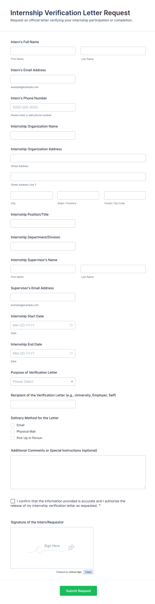 Internship Verification Letter Request Form Template