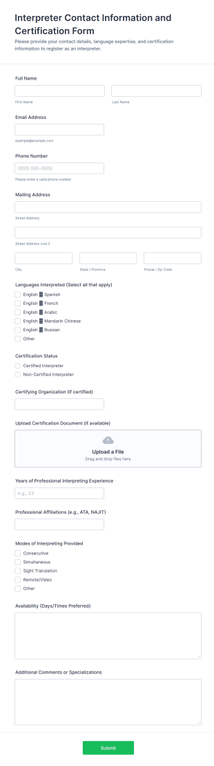Interpreter Contact Information And Certification Form Template
