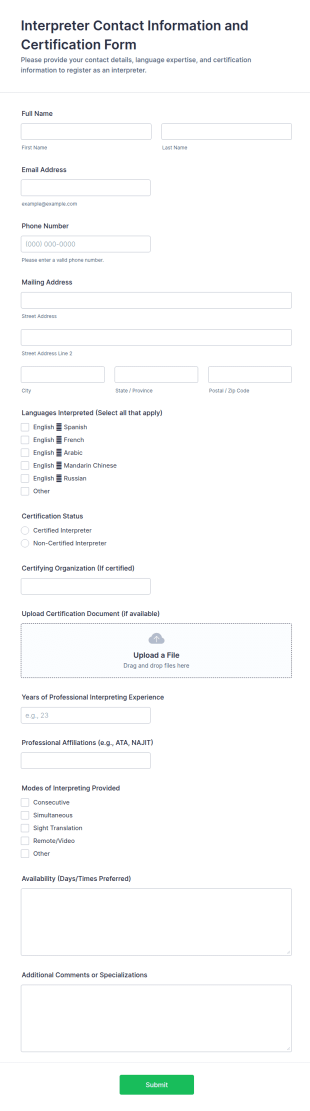 Interpreter Contact Information And Certification Form Template