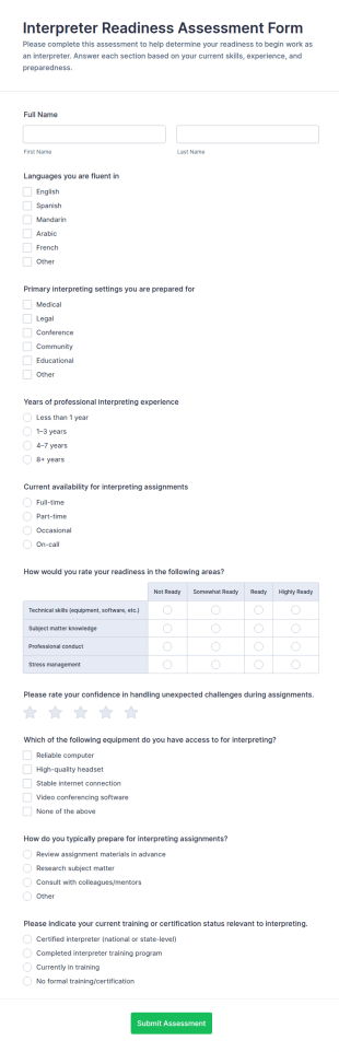 Interpreter Readiness Assessment Form Template