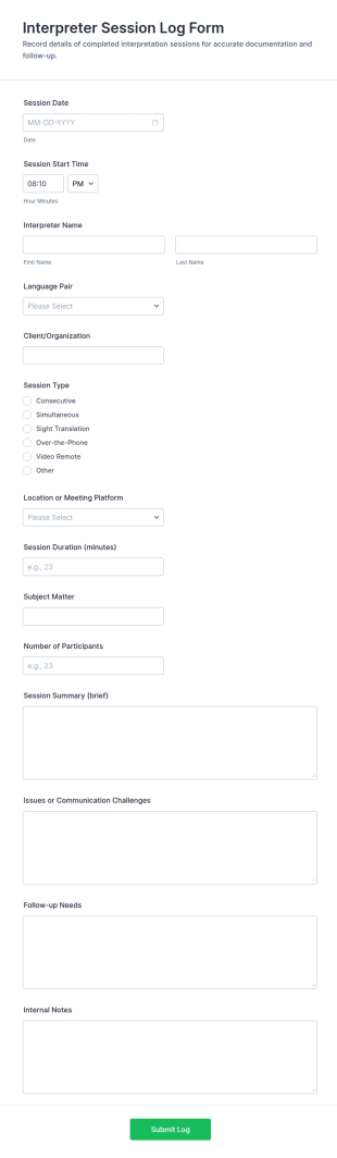 Interpreter Session Log Form Template