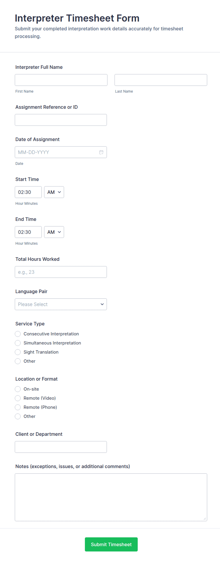 Interpreter Timesheet Form Template | Jotform