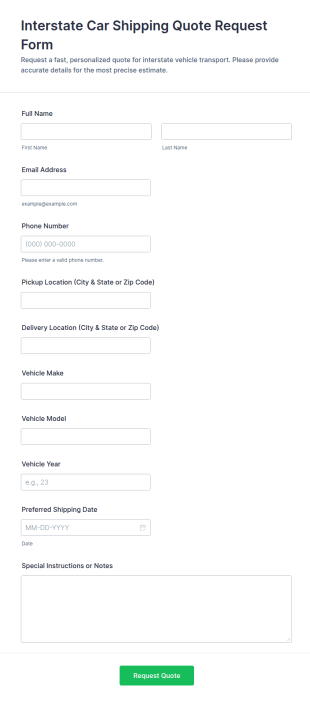Interstate Car Shipping Quote Request Form Template