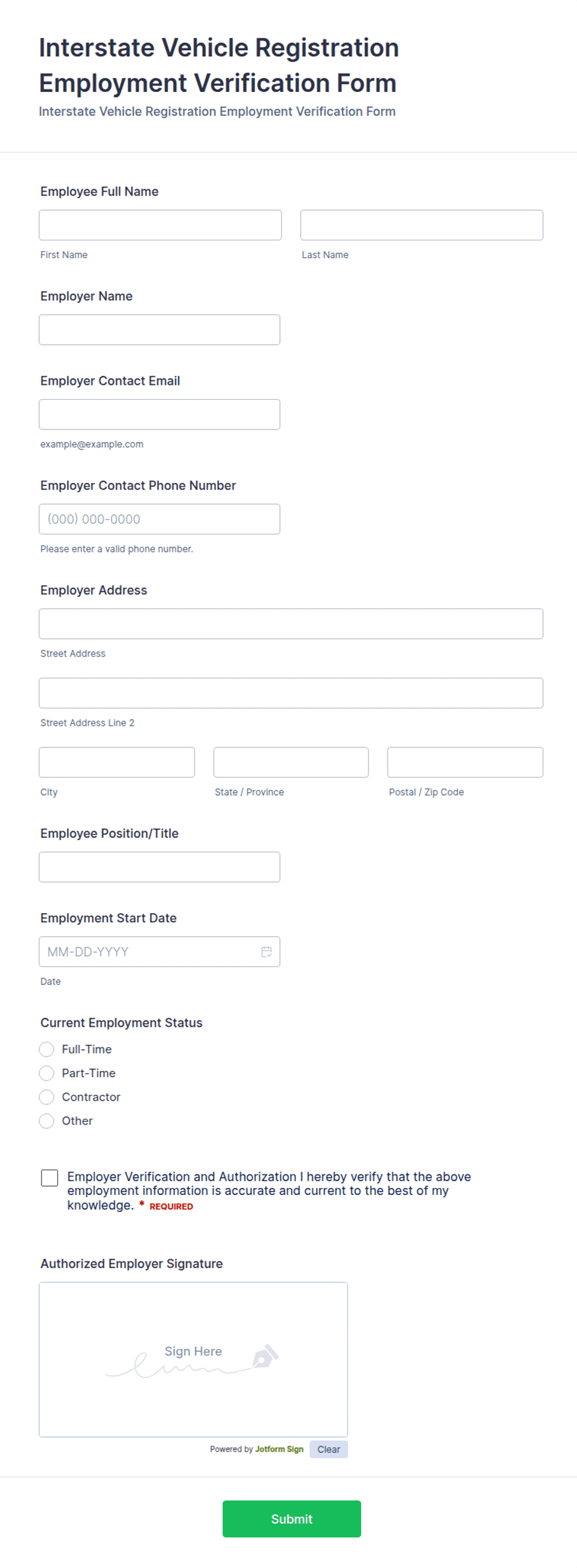 Interstate Vehicle Registration Employment Verification Form Template ...