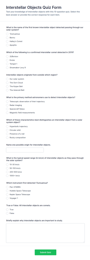 Interstellar Objects Quiz Form Template