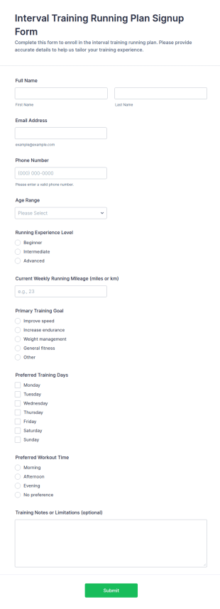 Interval Training Running Plan Signup Form Template