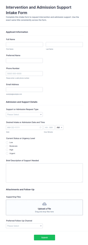 Intervention And Admission Support Intake Form Template