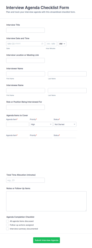 Interview Agenda Checklist Form Template
