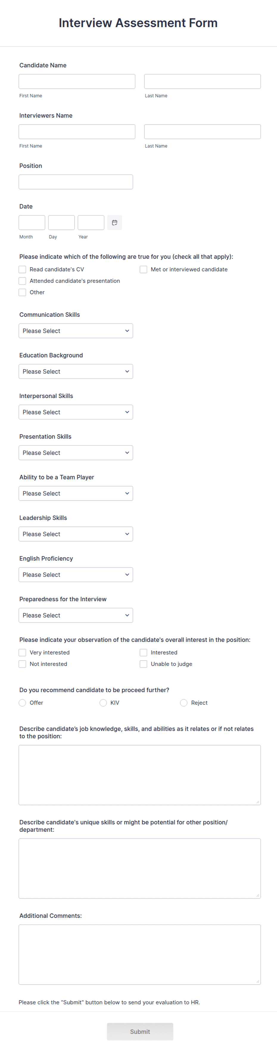 General Interview Assessment Form Interview Assessment Form Template | Jotform