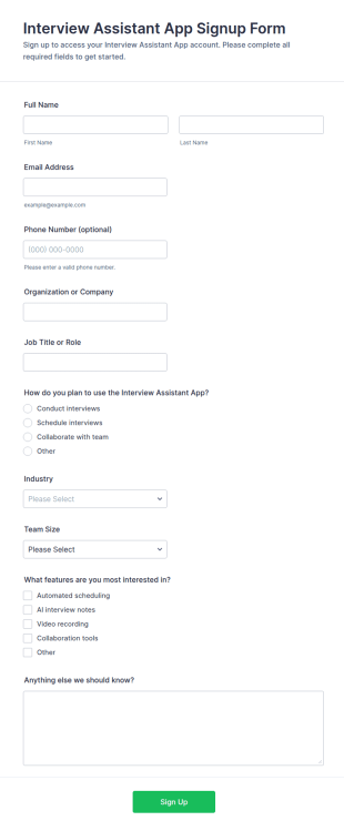 Interview Assistant App Signup Form Template