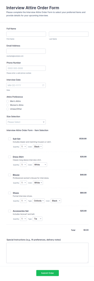 Interview Attire Order Form Template