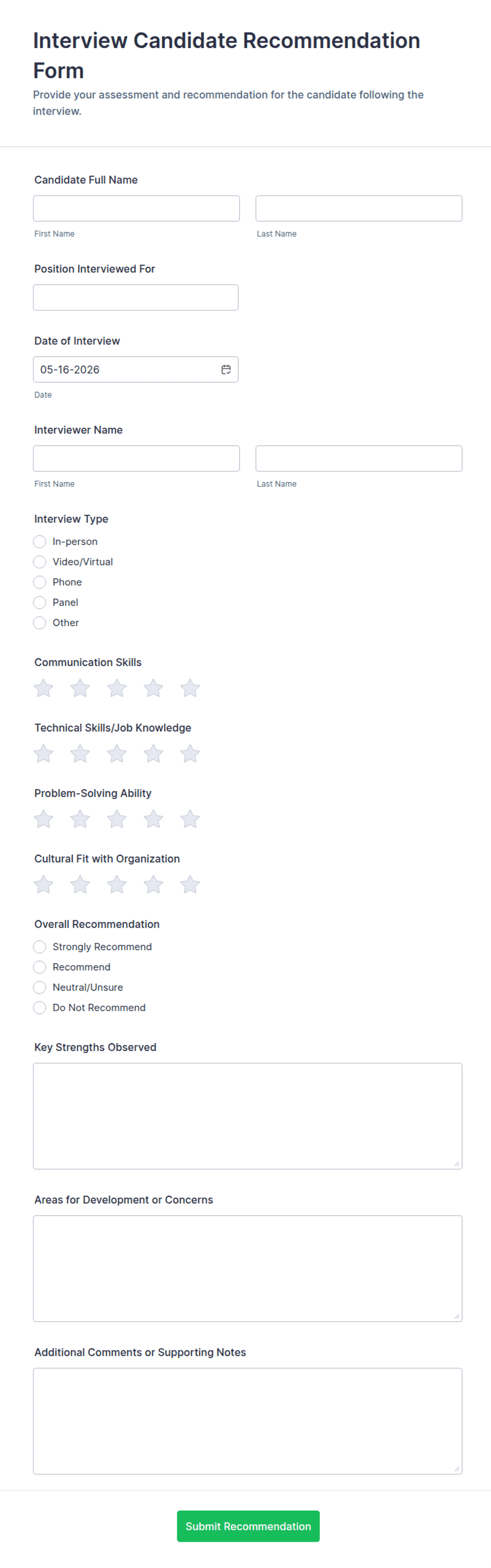 Interview Candidate Recommendation Form Template | Jotform