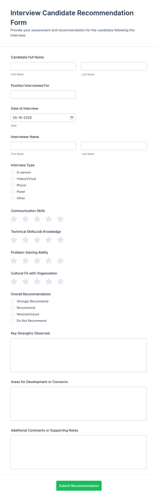 Interview Candidate Recommendation Form Template