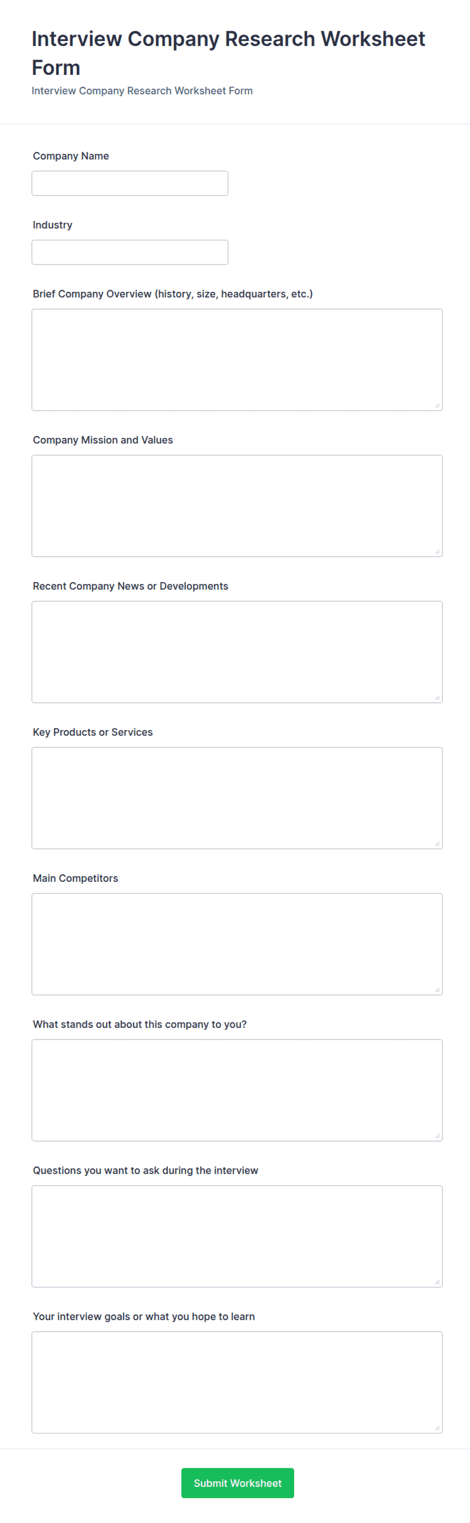 Interview Company Research Worksheet Form Template | Jotform