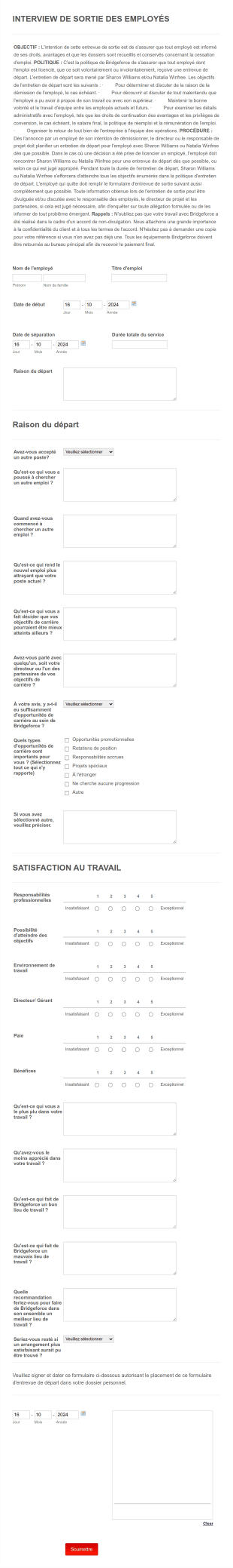 Interview De Sortie Des Employés Form Template