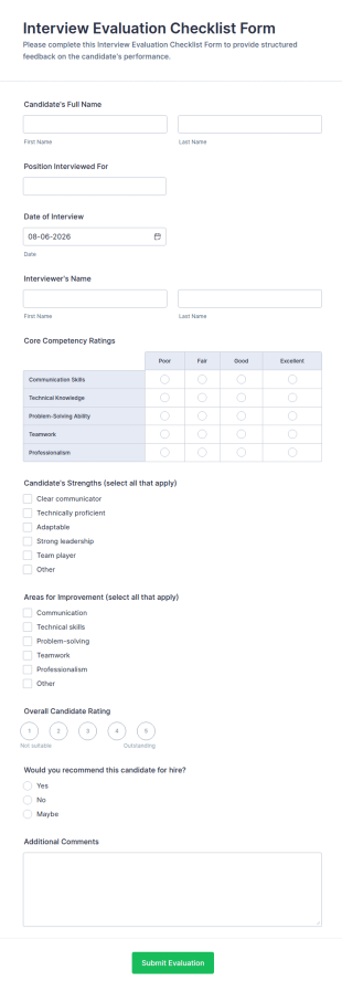 Interview Evaluation Checklist Form Template