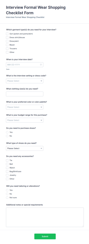 Interview Formal Wear Shopping Checklist Form Template