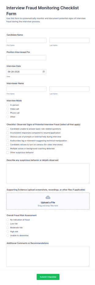 Interview Fraud Monitoring Checklist Form Template