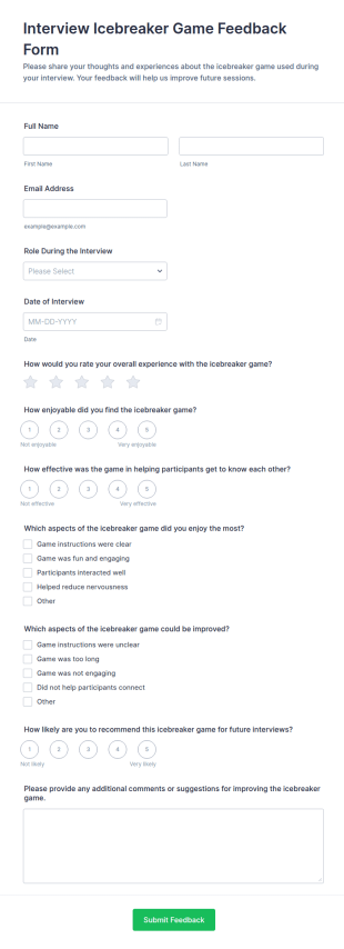 Interview Icebreaker Game Feedback Form Template