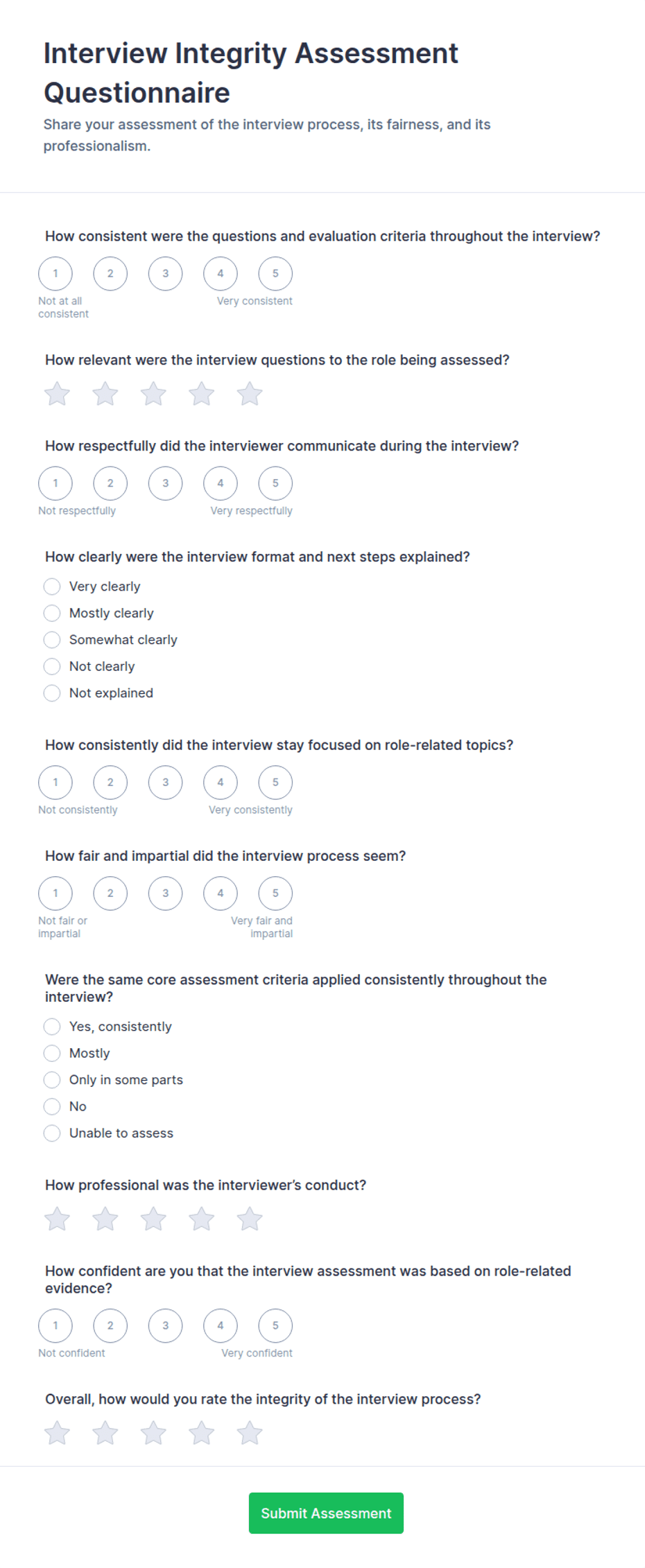 Sample Interview Questionnaire Form Interview Integrity Assessment Questionnaire Form Template | Jotform