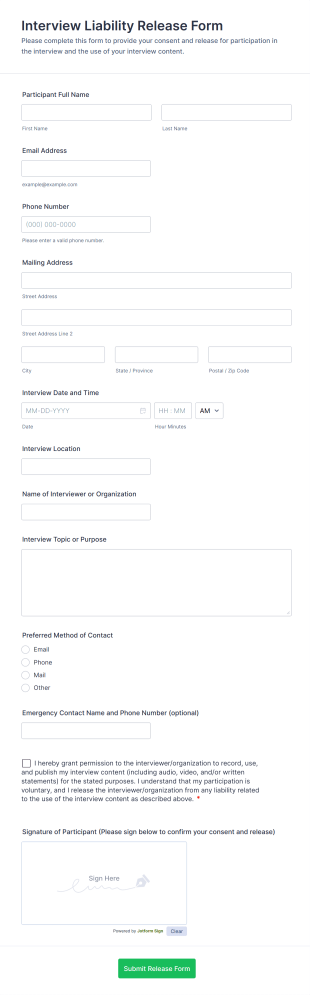 Interview Liability Release Form Template