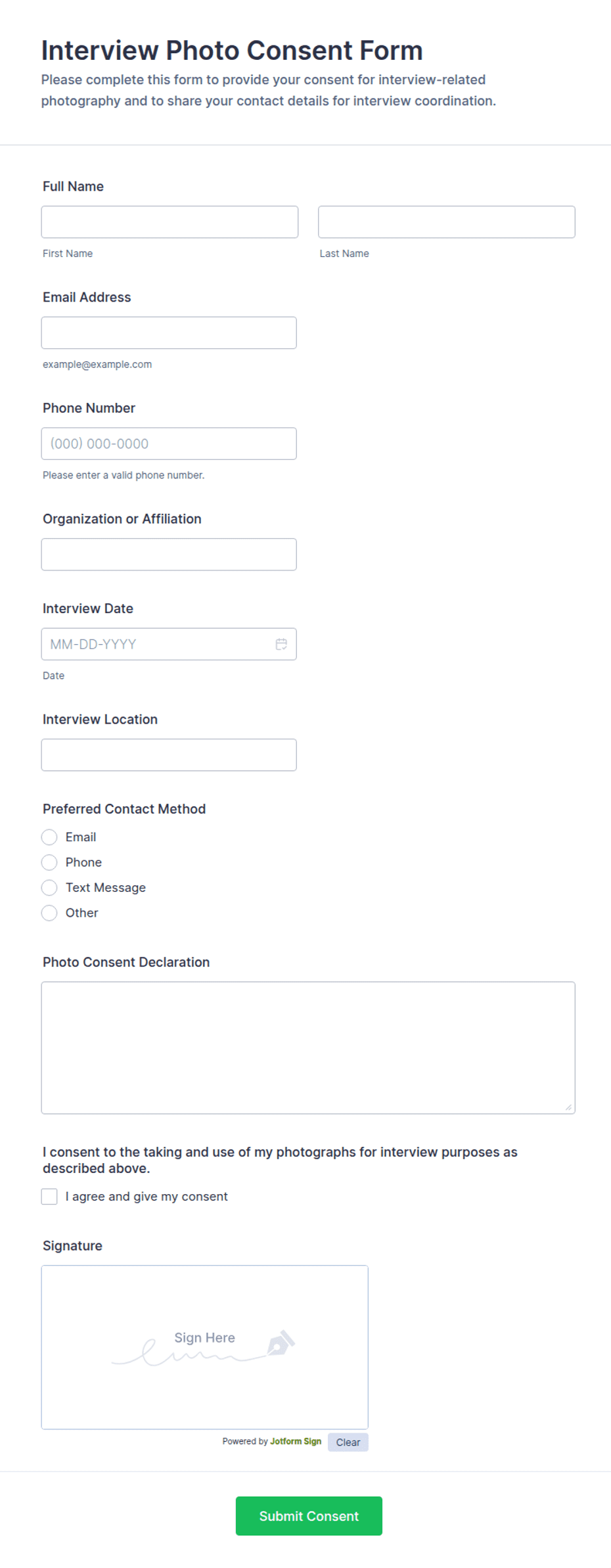 Example Consent Script For Interview Interview Photo Consent Form Template | Jotform