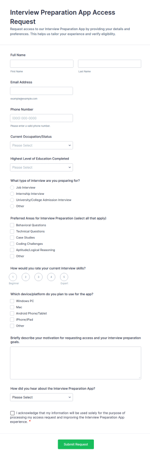 Interview Preparation App Access Request Form Template