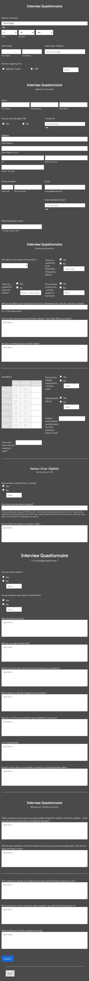 Interview Questionnaire Form Template