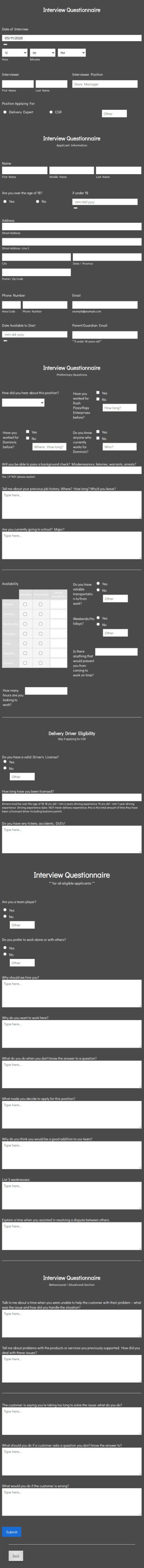 Interview Questionnaire Form Template