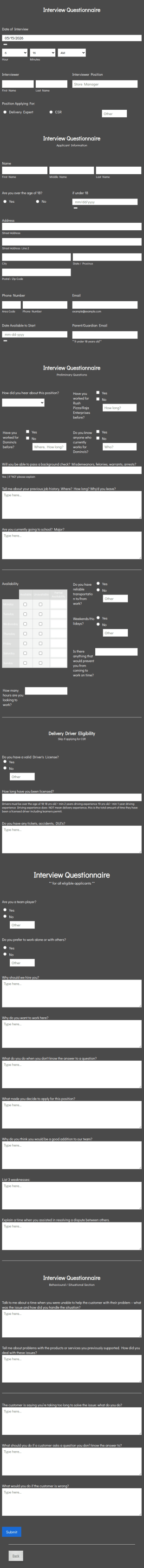 Interview Questionnaire Form Template
